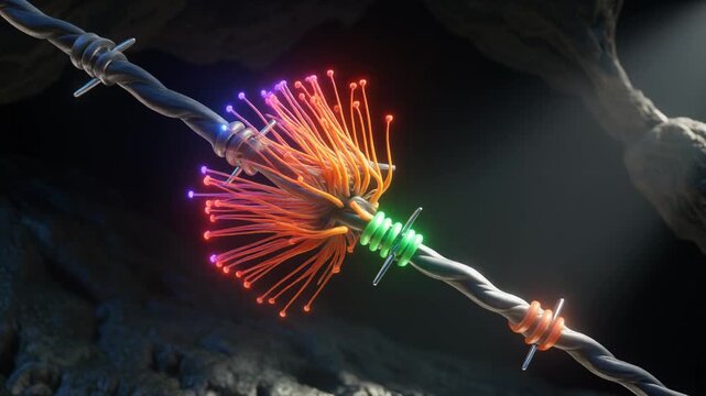 Scientific 3D animation showing actin capping proteins terminating filament growth. A visualization of molecular biology and cytoskeleton dynamics.