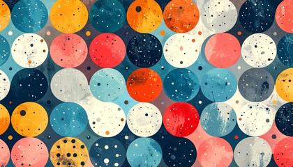 A vibrant digital illustration features a grid-like pattern of colorful circles with speckled details against a gradient backdrop