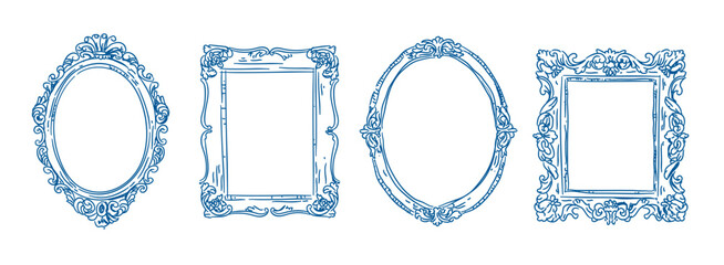 Vintage Frames in sketch style set, Whimsical hand drawn ornamental badge and borders, Antique ornate elegant decorative elements vector illustration  © Tanatphong