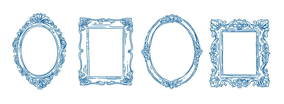Vintage Frames in sketch style set, Whimsical hand drawn ornamental badge and borders, Antique ornate elegant decorative elements vector illustration 