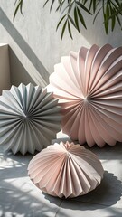 Dove-Grey & Blush Paper-Fold Sculptures. 3D paper-fold sculptures in dove-grey and blush tones with elegant shadows &mdash; upscale beauty backdrop.
