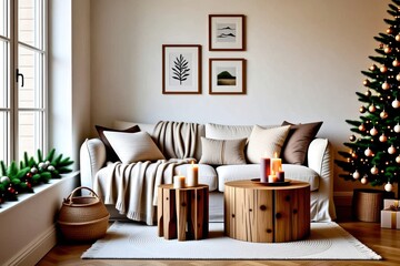 Cozy Living Room with Holiday Decor and Natural Elements