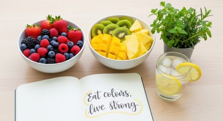 Fresh fruit bowls and encouraging message displayed on a table