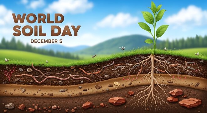 World Soil Day illustration with plant roots and soil layers.