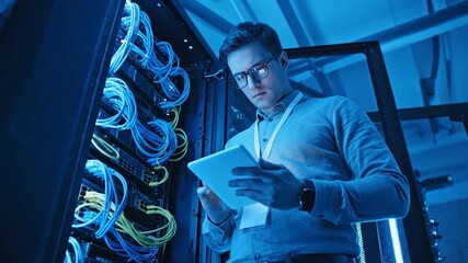 It technician with glasses using a tablet in a server room with blue lighting - Powered by Adobe