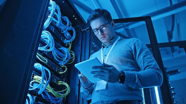 It technician with glasses using a tablet in a server room with blue lighting - Powered by Adobe