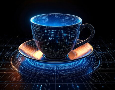 A luminous teacup and saucer composed of a matrix of binary code, sitting on a tech-infused surface, glowing with blue and orange light