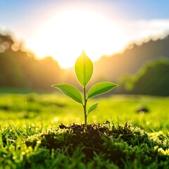 Close-up of a small, vibrant plant sprouting in lush green grass at sunrise