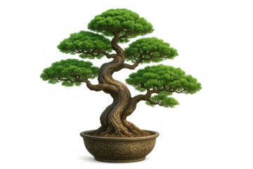 Bonsai tree with winding trunk in a decorative pot, symbolizing growth, harmony, and japanese culture on transparent background
