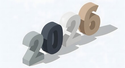 A minimalist isometric illustration of the year 2026 rendered in 3D block numbers with a subtle shadow.