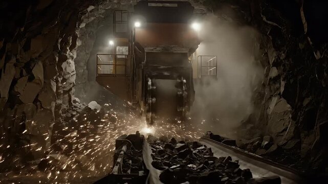 Coal Mine Interior: Conveyor Belt Transporting Coal with Sparks and Dust