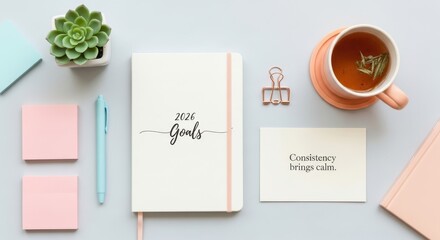 A planner notebook on a desk with a note about consistency