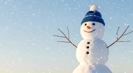 A cheerful snowman wearing a blue hat stands in a snowy winter landscape with falling snowflakes.