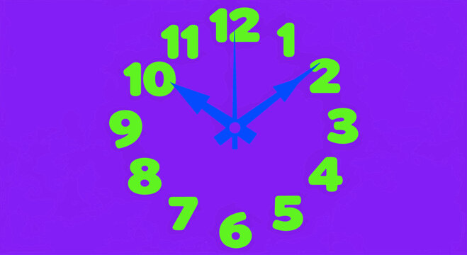 Clock illustration showing ten past two, green numbers on a purple background, time management, punctuality, deadline, appointment schedule, illustration