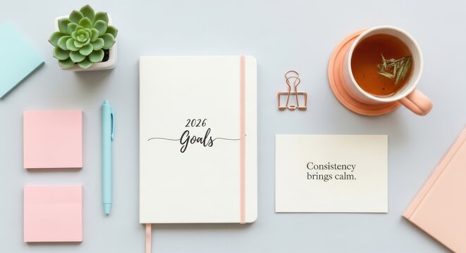A planner notebook on a desk with a note about consistency
