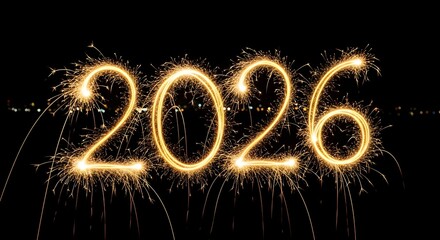 Sparkling 2026 New Year's Eve celebration with golden sparklers on a black background.