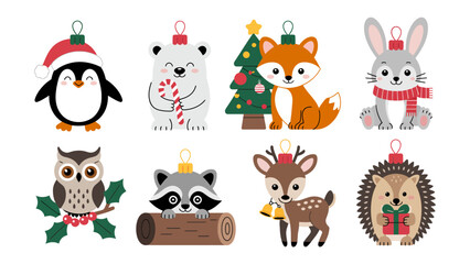 Festive Ornament Collection: Adorable collection of festive ornaments featuring a cheerful penguin in a santa hat, a polar bear, fox, rabbit, owl, raccoon, deer, and hedgehog.