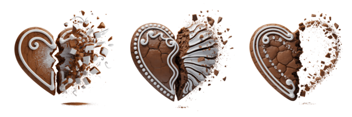A Set For Gingerbread heart breaking apart isolated on transparent background