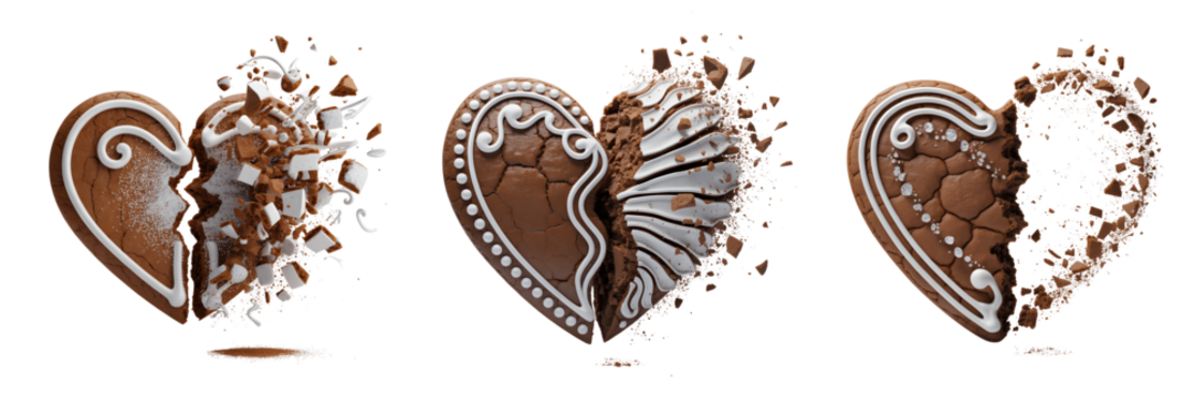 A Set For Gingerbread heart breaking apart isolated on transparent background