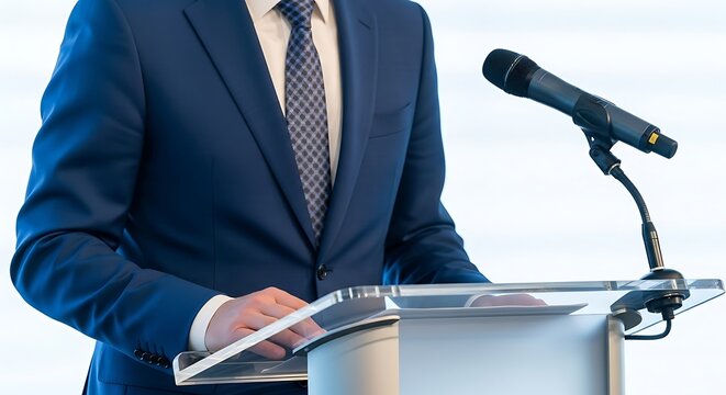 Man in a suit speaking at a podium with a microphone during a presentation or conference