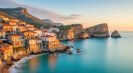 Coastal Town by the Sea with Houses on Cliffs at Sunset