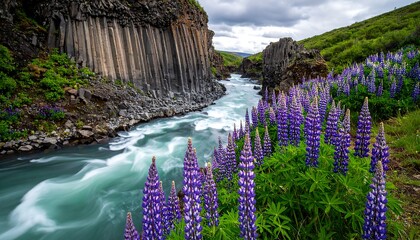 A vibrant flowing river carves through a rocky landscape lined with blooming purple lupine. Cloudy sky overhead
