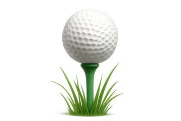 Fototapeta premium Golf ball resting on a green tee, surrounded by grass blades, ready for a swing, transparent background