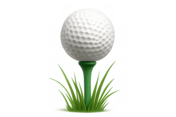Golf ball resting on a green tee, surrounded by grass blades, ready for a swing, transparent background