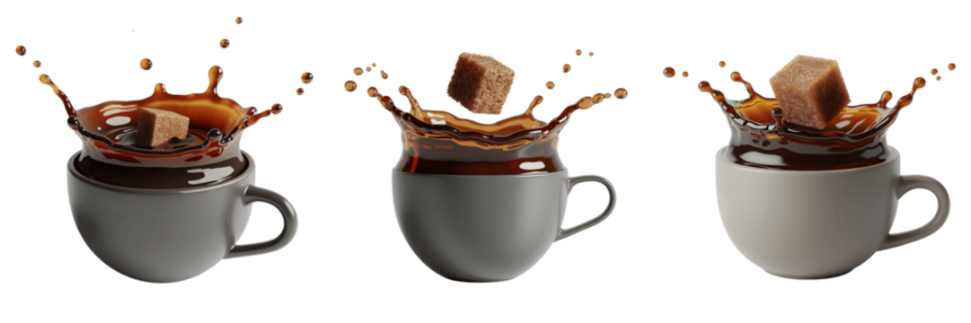 A Set For Coffee splash and sugar cube isolated on transparent background