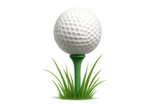 Golf ball resting on a green tee, surrounded by grass blades, ready for a swing, transparent background
