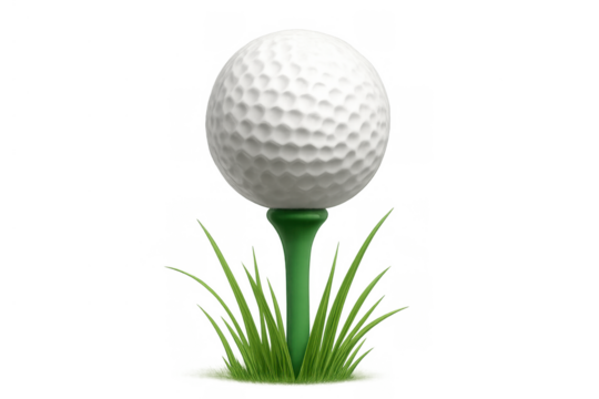 Golf ball resting on a green tee, surrounded by grass blades, ready for a swing, transparent background
