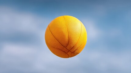 Bright Yellow Basketball in Flight Against a Clear Blue Sky, Captured with Precise Focus and Ideal Lighting Conditions for Sports and Recreation Themes