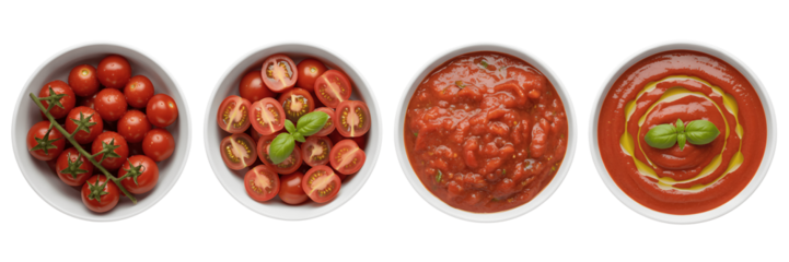 A Set For Tomato, raw, sauce, and soup process isolated on transparent background