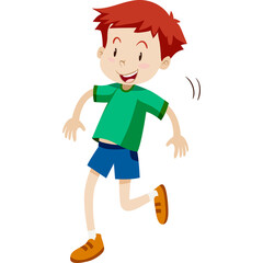 Joyful young boy with red hair wearing a green t-shirt and blue shorts running happily with a transparent background in a playful pose