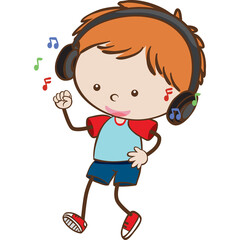 Joyful young boy with red hair wearing headphones dancing energetically to music with colorful notes floating around him on a white background