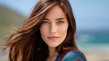 Beautiful young woman with long hair stands outdoors by the sea, showcasing natural beauty and a serene expression against a blurred seaside background.