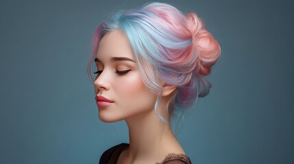 Ethereal Portrait of a Young Woman with Pastel Hair in Soft Blue and Pink Tones Capturing a Serene and Dreamy Aesthetic in a Studio Setting