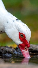Close-up of a white bird with red facial markings, drinking water