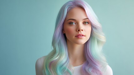 Ethereal Portrait of a Young Woman with Pastel Hair in Soft Light, Showcasing Vibrant Colors and Elegance Against a Subtle Background