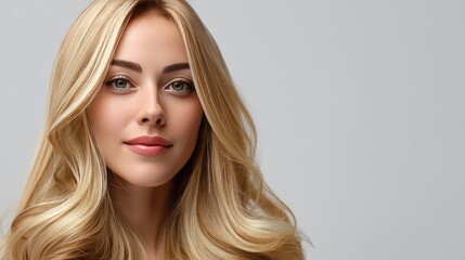 Young woman with long, flowing blonde hair gazing confidently at the camera against a light gray background in a professional portrait setting.