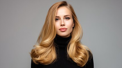 Elegant and Confident Young Woman with Long, Flowing Blonde Hair Posing Gracefully Against a Soft Gray Background in a Fashionable Black Turtleneck Sweater