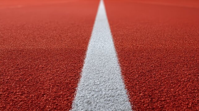 Close-Up View of a Red Athletic Track Surface with a White Starting Line Marking, Ideal for Sports, Racing, and Fitness Related Themes and Concepts