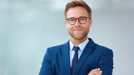 Confident young businessman in a formal suit smiling at the camera while standing with arms crossed, showcasing professionalism and approachability in a bright office environment