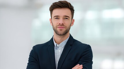 Confident Young Professional in Business Attire Standing Against a Bright Background with Crossed Arms and A Warm Smile Showing Approachable Personality and Professionalism