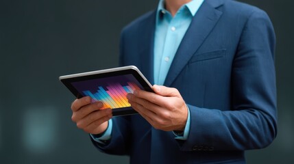 Business professional using modern digital tablet to analyze vibrant data graphs and statistics in contemporary office environment, showcasing technology and innovation