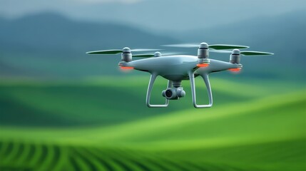 Aerial View of a Drone Flying Over Lush Green Fields with Rolling Hills in the Background, Capturing Stunning Landscape Scene for Nature and Technology Enthusiasts