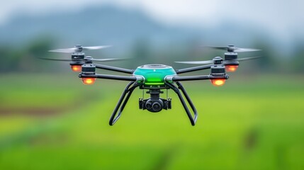A high-resolution image of a green drone flying over lush agricultural fields, showcasing technology in agriculture and aerial photography in a vibrant outdoor environment.
