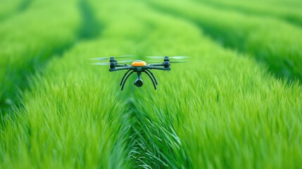 Captivating Aerial View of a Drone Flying Above Lush Green Rice Field, Showcasing Modern Agriculture Technology and Precision Farming Techniques