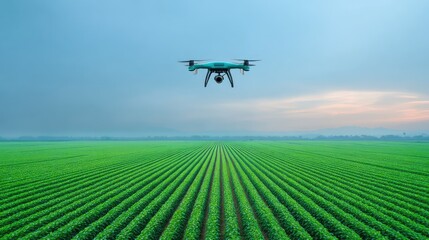 Aerial View of Drone Flying Over Lush Green Crop Fields at Dusk, Capturing Agricultural Landscapes with Modern Technology for Precision Farming