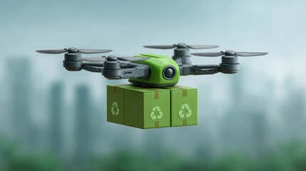 Green Drone Delivering Eco-Friendly Packages Over a Cityscape Symbolizing Sustainable Technology and Modern Urban Logistics Solutions